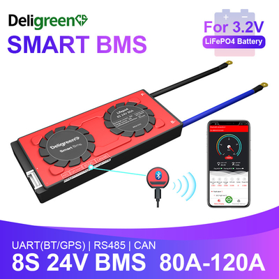 Deligreen Smart Bms Lifepo4 μπαταρία 8S 24v 80-120A με λειτουργία UART BT 485 CAN για εξωτερική αποθήκευση RV